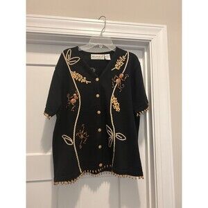 Vintage Monkey Sweater Black Wood Beads Short Sleeve Women's Xl Whimsy Teacher